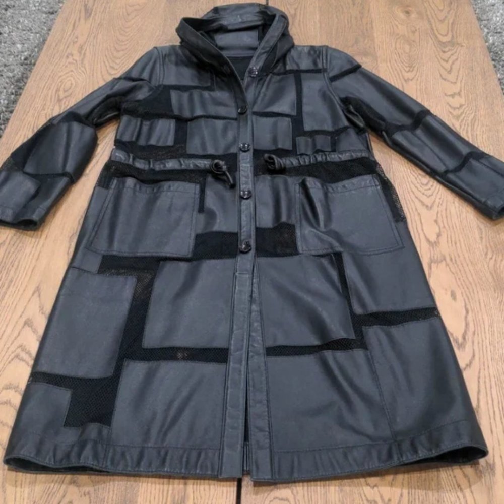 New Japanese retro long leather coat with mesh accents and hoodie. Very Soft!
